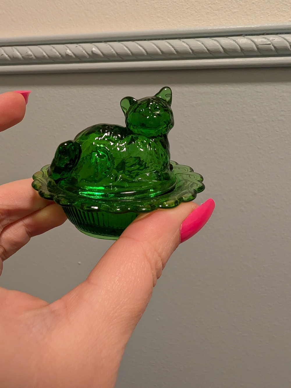 Green Glass Cat On A Nest